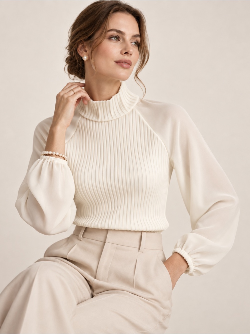 Marc New York Ivory Pleated Mock Neck Sheer Sleeve Top